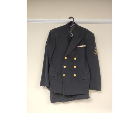 British Royal Navy uniform, a black jacket with Hepworth's of Leeds and London label having Buttons Ltd naval brass buttons, 