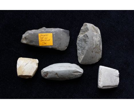 Neolithic- Collection of stone age implements to include a small flint hand-axe head and four axe remnants. The small flint h