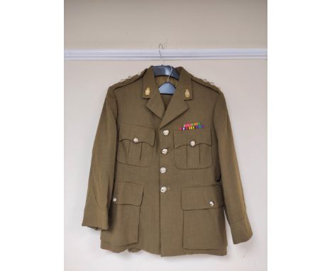 British Army uniform, an olive green jacket with Alkit label "LT J WEBSTER 16183 19.2.62" having Gaunt of London Royal Army O