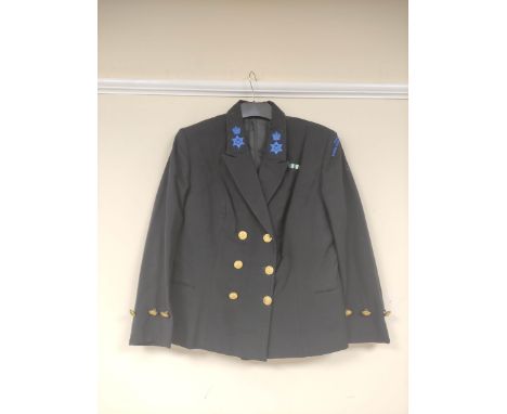 British Royal Navy uniform, a black jacket with C H Bernard and Sons of Harwich label "SWEATMAN" having Firmin of London nava