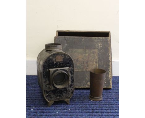 Victorian German made magic lantern by the firm E.P of japanned steel construction with copper lens hood. Supplied in origina