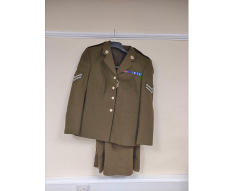 British Army uniform, a khaki green jacket with Women's No2 dress Army label "Size 162/100/84" having Firmin of London staybr