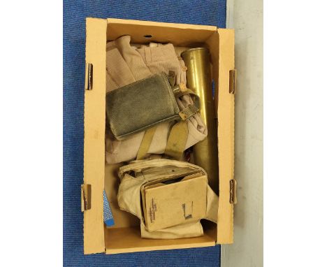 Lot comprising of British WW2 P37 felt covered water bottler, WW2 civilian gas mask and artillery shell. 
