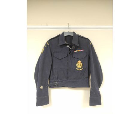 Civil Defence Corps uniform, a dark blue jacket with Midlothian breast badge, HEADQUARTERS SIGNAL shoulder titles, lion rampa