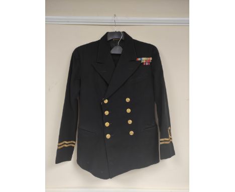 British Royal Navy uniform, a black jacket with Gieves Ltd label  having naval brass buttons, bullion wire cuff braid for the