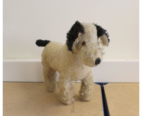 Vintage 1940s Merrythought Hygenic Toys England mohair dog with amber glass eyes.   30.5cm tall. Heavily play worn with loose