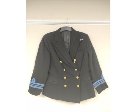 British Royal Navy uniform, a black jacket with Hector Powe of Regent Street label having brass naval buttons, blue cuff brai