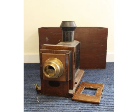 Victorian magic lantern projector with later brass lens in wooden case. 