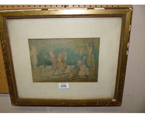 An interesting Watercolour sketch of children playing musical instruments and dancing in a garden, framed and glazed, 18th c.