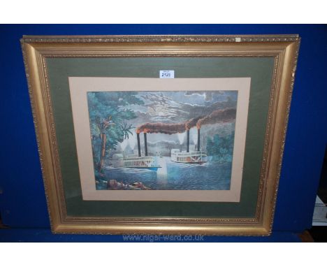 A gilt framed Print of steam boat on river, unsigned.