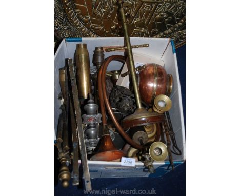 A quantity of brass including lamp base, hunting horn, candlesticks, pots, etc.,