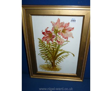 A botanical painting on a milk glass panel, framed.