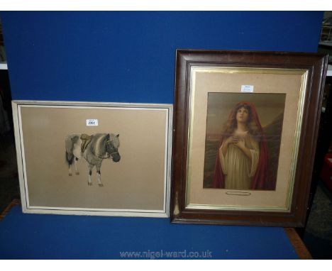 A framed and mounted Lithograph entitled 'Easter Dawn' along with a framed Print of a pony tacked up and ready to go, unsigne