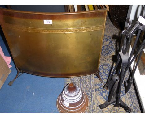 A brass Fireguard, a wired adjustable Fireguard, wrought iron companion set on stand and a copper washing dolly top