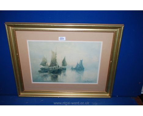 A framed and mounted G. Sutcliffe print depicting fishing boats.