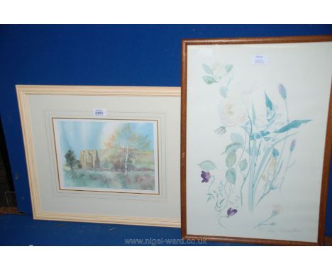 A limited edition Print of Llanthony Abbey, Suzie McDonald, 20" x 17" and Print of roses and lavender by Celia Brown, 15" x 2
