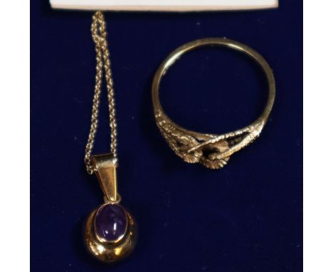 18ct gold amethyst pendant on a 9ct gold chain together with a 9ct gold ring.  Ring size Q.  Approx weight in total 4.5 grams