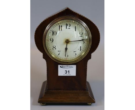 Edwardian mahogany inlaid boudoir type mantel clock, standing on brass bun feet. (B.P. 21% + VAT) 