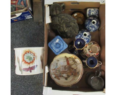 Box of assorted china to include; two blue and white crane and cloud design vases, Mason's Mandalay miniature teacups and sau