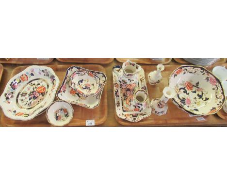 Two trays of Mason's Ironstone 'Mandalay' design items to include; pedestal centre bowl, candlestick, various vases, small dr