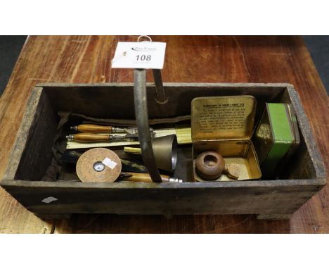 Vintage wooden trug with assorted items to include; rulers, nutcracker, corkscrew, vintage tins etc. (B.P. 21% + VAT)