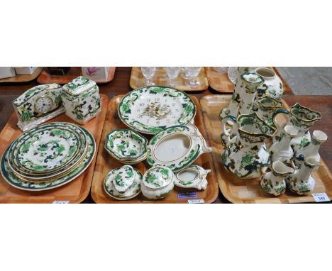 Three trays of Mason's Ironstone 'Chartreuse' pattern hand painted with green and gilt decoration on a cream ground to includ