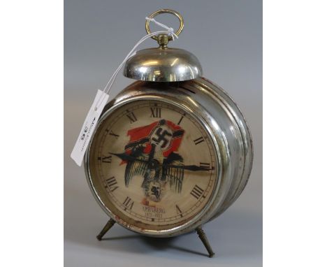 Mid Century Nurnberg German chrome plated alarm clock with compressed bell top, transfer printed Swastika and other decoratio