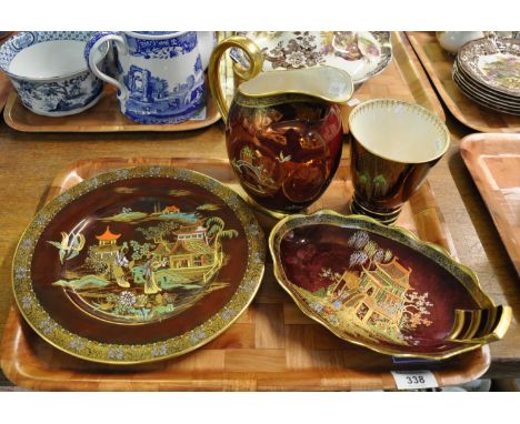 Tray with four Carlton Ware 'Rouge Royale' items: large plate, jug, vase and small serving platter, all decorated in deep red