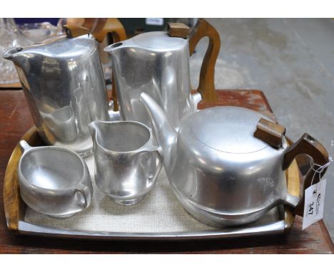 Stylish 1950s piquot ware aluminium and wooden handled tea and coffee set on a tray - coffee pot, water jug, teapot, jug and 