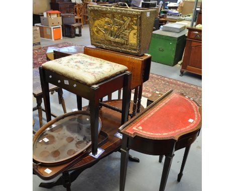 Collection of furniture to include; two serving trays, one with a glass base, Edwardian piano stool, Sutherland table, reprod