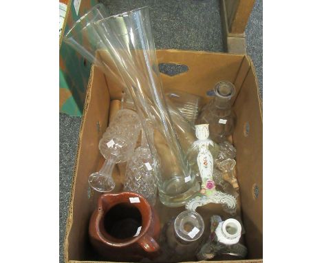 Mixed box of china and glass to include; two large glass cylinder vases, four cut and moulded glass decanters and various gla
