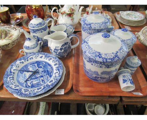 Two trays of blue and white china to include; Spode Italian design items; three lidded canisters, part teaset with teapot, wa