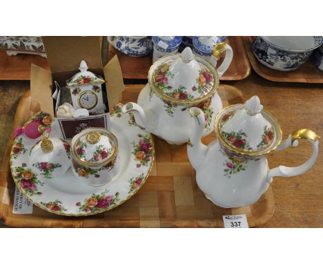 Tray of Royal Albert 'Old Country Roses' china comprising: coffee pot, teapot, large plate, lidded marmalade jar, perfume ato