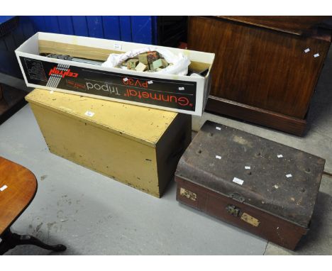 Modern Centon camera tripod, together with a painted pine trunk and a small vintage tin trunk. (3)(B.P. 21% + VAT) 