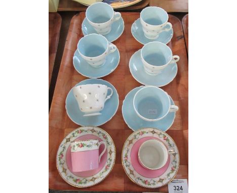 Tray containing six Shelley fine English bone china 'Pole Star' design teacups and saucers no. 13774 and two pink and floral 