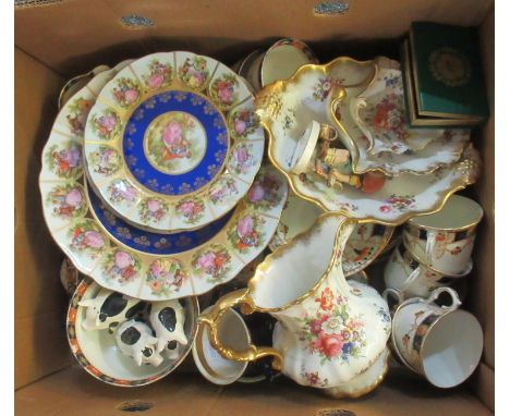 Box of mostly assorted china to include; Hammersley English bone china 'Lady Patricia' floral design jug and trinket trays, v