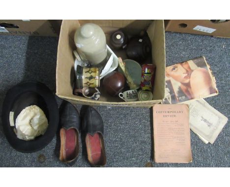 Box of assorted items to include; a vintage felt bowler hat by Lock & Co (size 6 7/8), pair of Arabic design leather slippers