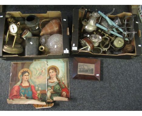 Two boxes of assorted items to include; two unframed German ecclesiastical prints, a small framed print of Kidwelly Castle an
