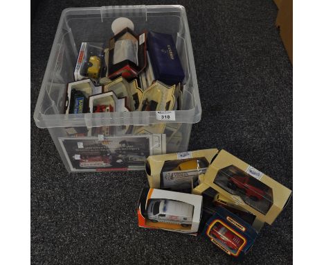 Plastic box containing assorted diecast model vehicles to include; Classic vehicles from Corgi, Days Gone promotional, Matchb