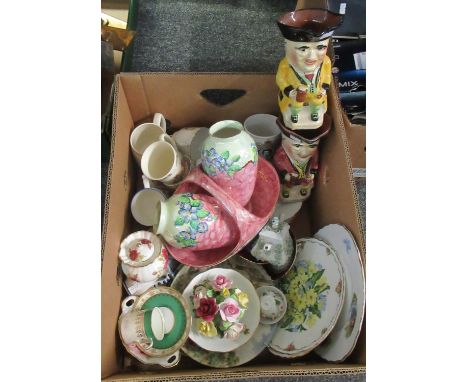 Box of mixed china to include; two floral design lustre vases and a matching basket by Maling, commemorative mugs, two Torqua