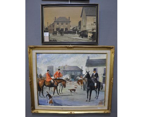 P. W. Firmston, Llanybyther Market Square circa 1910. Oils on board. Framed. Together with a hunting scene at Llanybyther mar