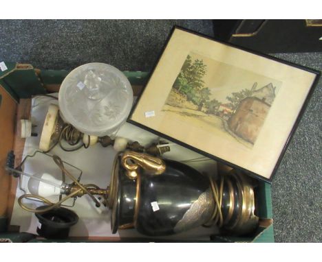 Box of assorted items to include; two lamp bases, one a black and gold urn design and the other brass and stone, a moulded cl