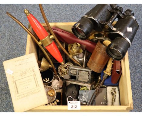 Wooden two handled box containing assorted items including; Zenith binoculars, costume jewellery, watches, small wooden caske