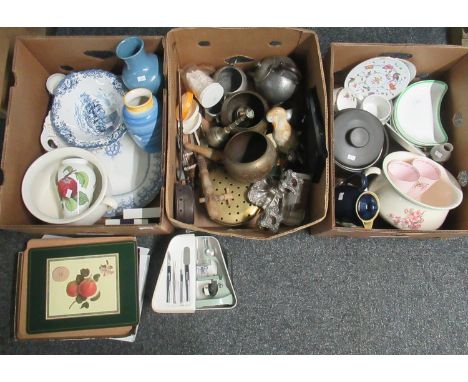 Three boxes of assorted items to include; Tuscan china 'April Beauty' mugs, various trinket trays, Staffordshire Crown china 