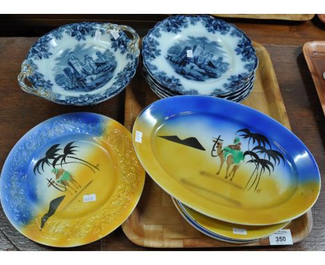 Tray of china: five George Jones & Sons ironstone 'Rhapsody' pattern plates and a small meat or serving plate and five Copela