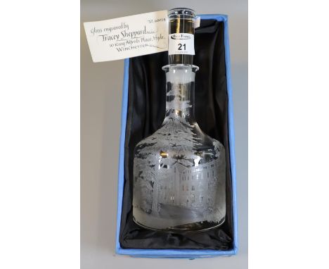 Tracey Sheppard mallet shaped decanter and stopper with architectural scene dated 1969-1985, in original box. (B.P. 21% + VAT