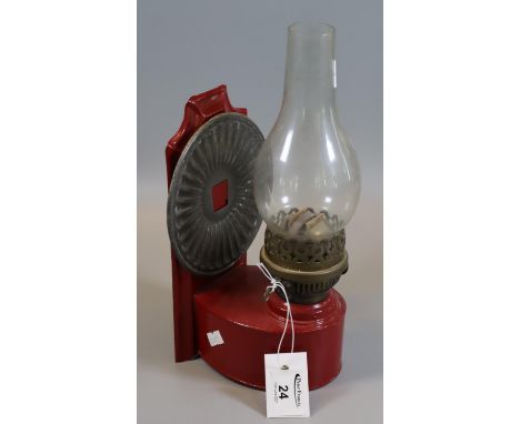 Early 20th Century double oil burner with glass chimney on tin wall mounted bracket and stand. (B.P. 21% + VAT) 