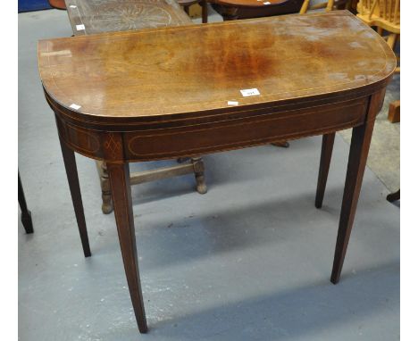 19th Century mahogany inlaid D end folding card table on square tapering legs. (B.P. 21% + VAT) 