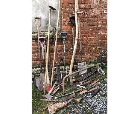 A quantity of vintage garden tools and other items to include metal wedges and a Cooper Stewart garden sprinkler 