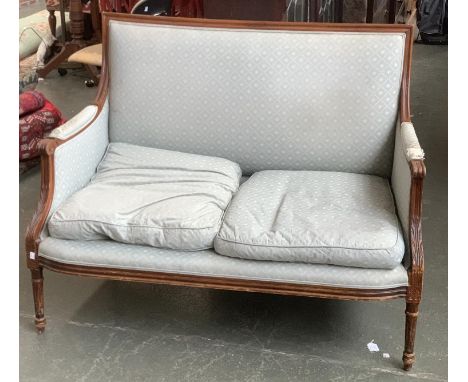 A square backed two seater sofa with carved frame, 125cmW 